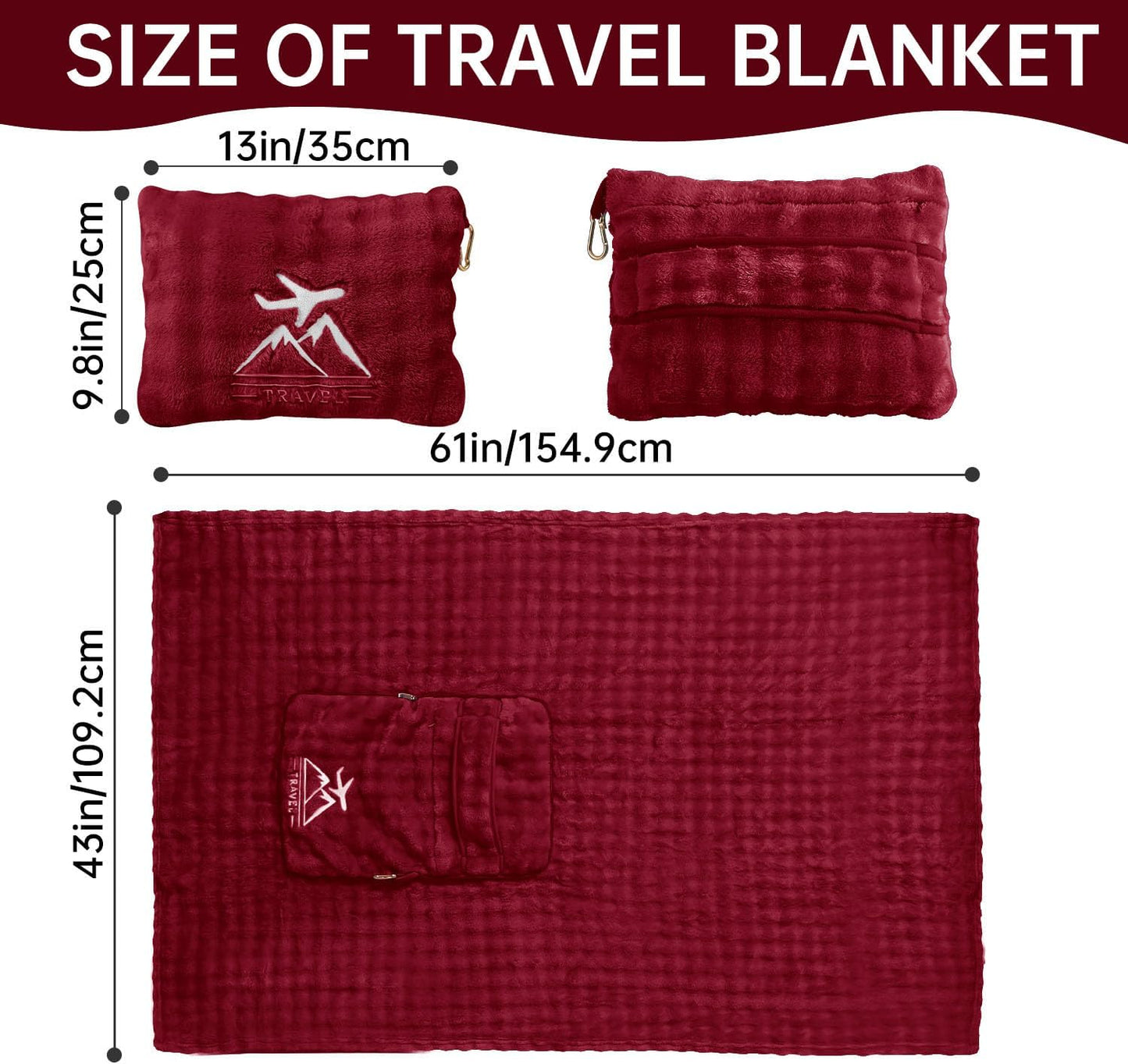 Travel Blanket and Pillow-2-in-1, Ultra-Soft&Compact, One-Piece Airplane Blanket with Hand Luggage Belt and Backpack Clip,Travelers Accessories Gifts, 61x43 Inches (Blue)