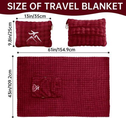 Travel Blanket and Pillow-2-in-1, Ultra-Soft&Compact, One-Piece Airplane Blanket with Hand Luggage Belt and Backpack Clip,Travelers Accessories Gifts, 61x43 Inches (Blue)