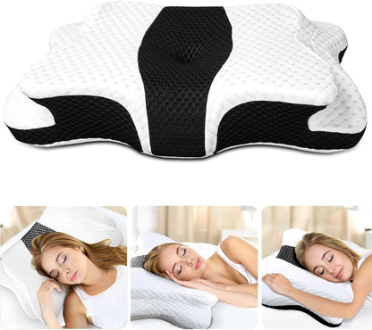CHxxy Cervical Neck Pillow for Pain Relief Sleeping, Memory Foam Pillows, Ergonomic Side Sleeper Pillows, Cooling Orthopedic Neck Support Pillow for Back Stomach Sleepers-Queen Size Grey&Grey