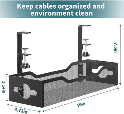 Under Desk Cable Management Tray No Drill, Metal Mesh Cable Management Under Desk with Clamp Mount, 2 Hole Cable Tray with Wire Management and Cord Organizer for Home Office Standing Desk