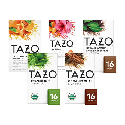 TAZO Organic Tea Variety Pack for Daily Wellness and Tea Enjoyment, Wild Sweet Orange, Passion Herbal Tea, Awake English Breakfast, Zen Green Tea and Chai Black Tea (Variety Pack)