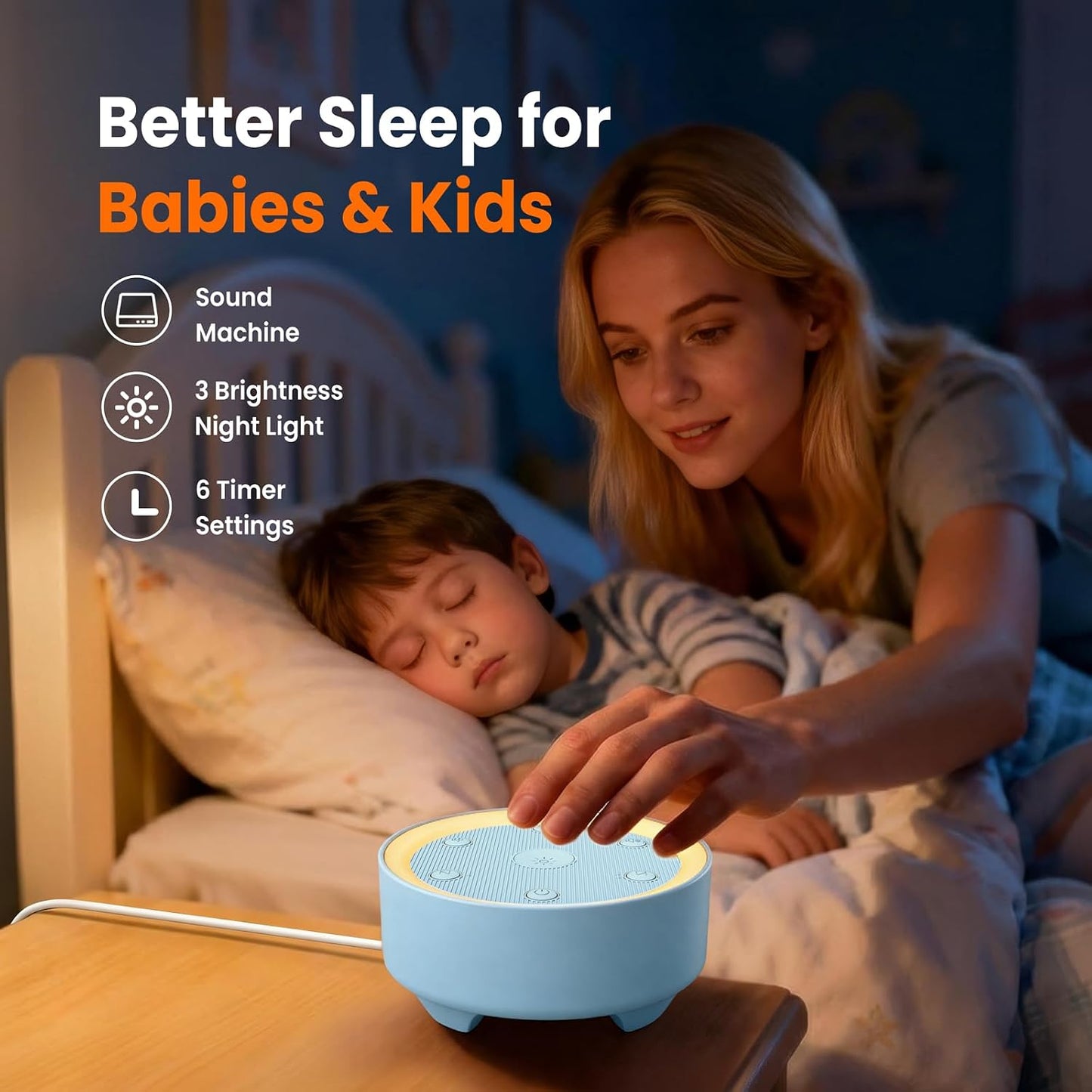 Kipcush White Noise Machine for Sleeping – High-Fidelity Non-Looping Sounds, Dimmable Night Light, USB Powered, Sleep Sound Machine for Baby, Kids & Adults (A - Model White+, Standard)