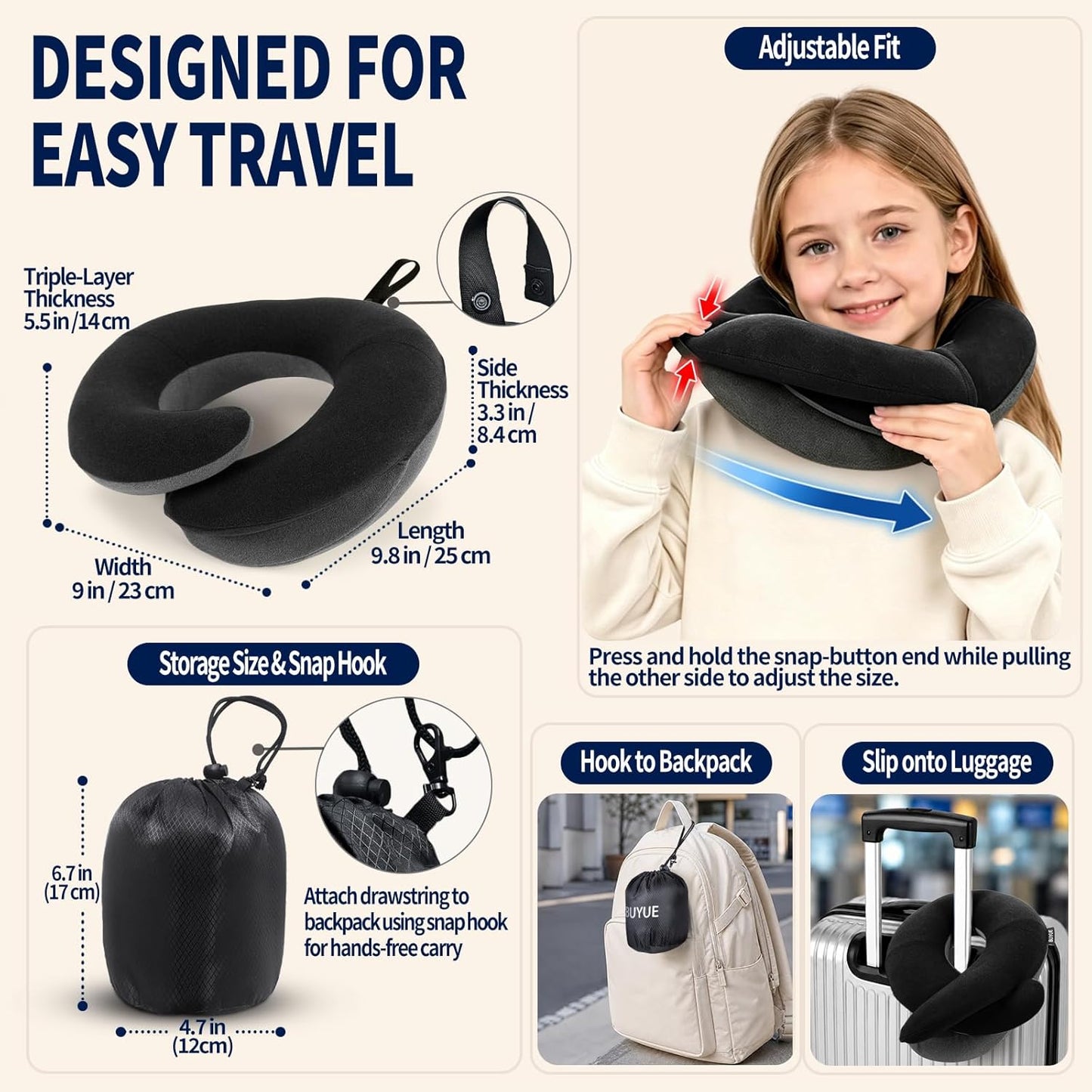 BUYUE Travel Neck Pillows for Airplanes, Memory Foam 360° Head Support Sleep for Long Flight, Skin-Friendly & Breathable, Kit with Eye Mask, Earplugs and Storage Bag (Adult, Grey, 90+ lbs)