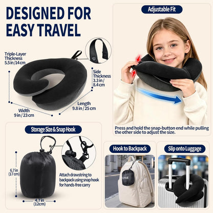 BUYUE Travel Neck Pillows for Airplanes, Memory Foam 360° Head Support Sleep for Long Flight, Skin-Friendly & Breathable, Kit with Eye Mask, Earplugs and Storage Bag (Adult, Grey, 90+ lbs)