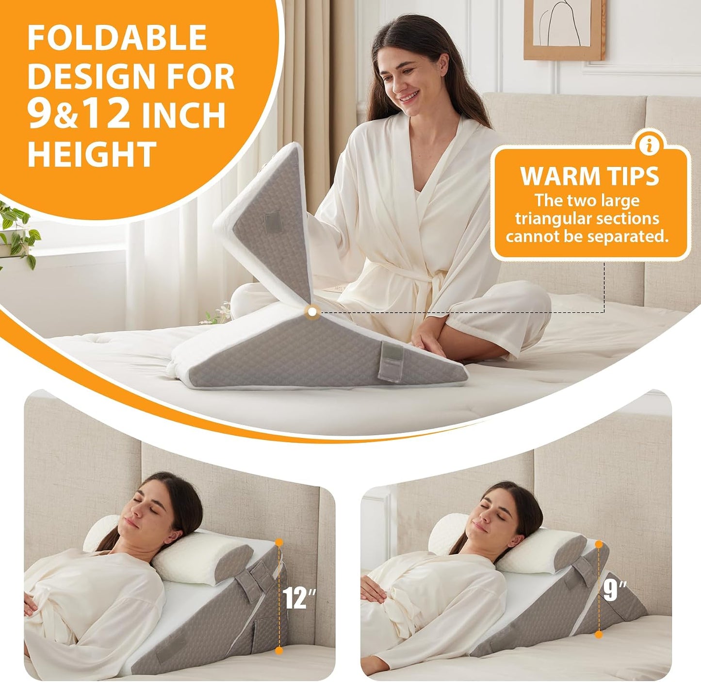 Ruqmuis Wedge Pillow Set for After Surgery, 3PCS Adjustable 9&12 Inch Bed Wedge Pillow for Sleeping, Incline Pillow Wedge for Headboard, Post Surgery, Acid Reflux, Neck&Back Support, White/Grey