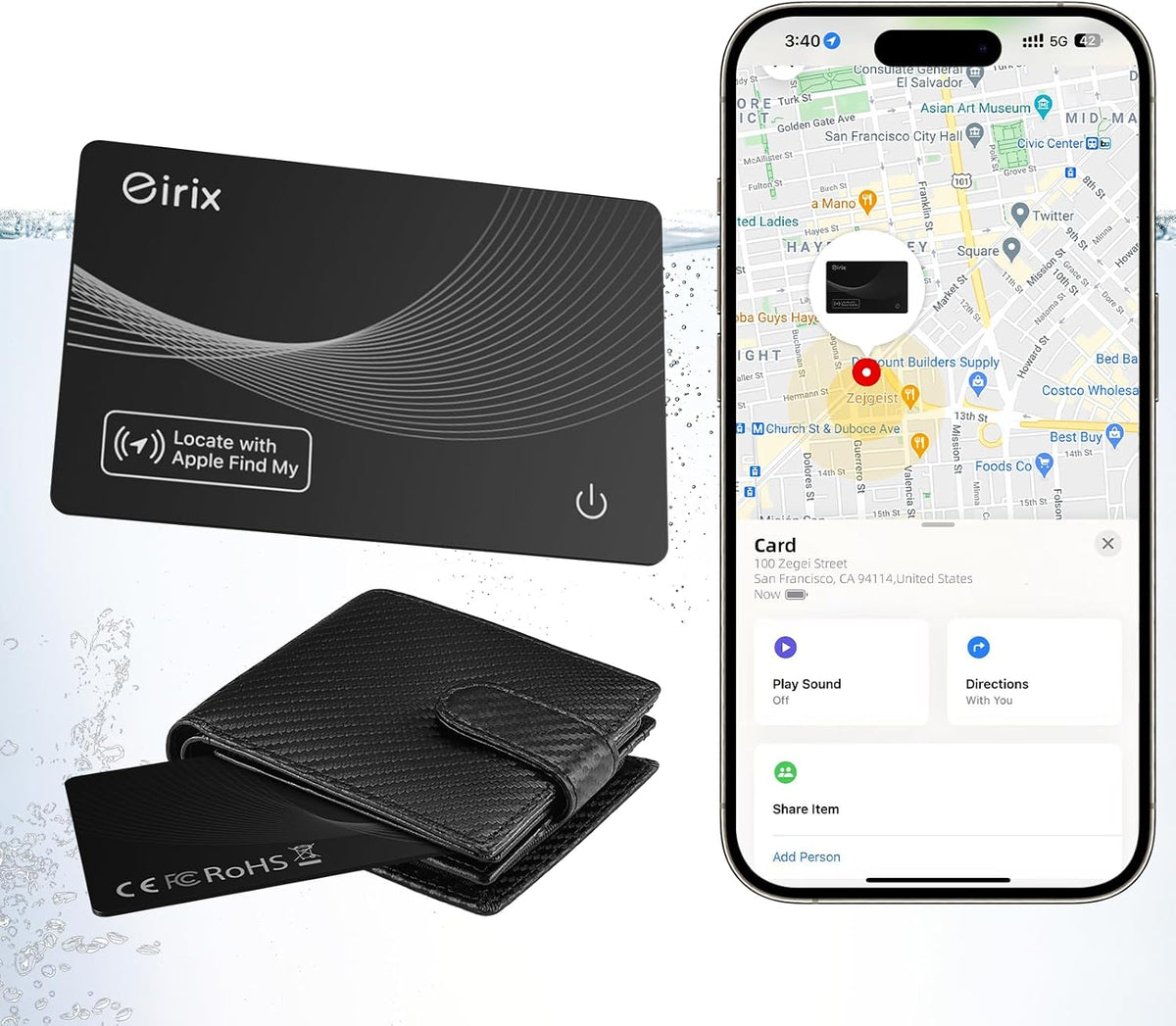 Smart Wallet Tracker Card - Item Finder for Luggage, Keys & Passport 、Compatible with Apple Find My、Slim, Rechargeable & IP68 Waterproof (4 Black)
