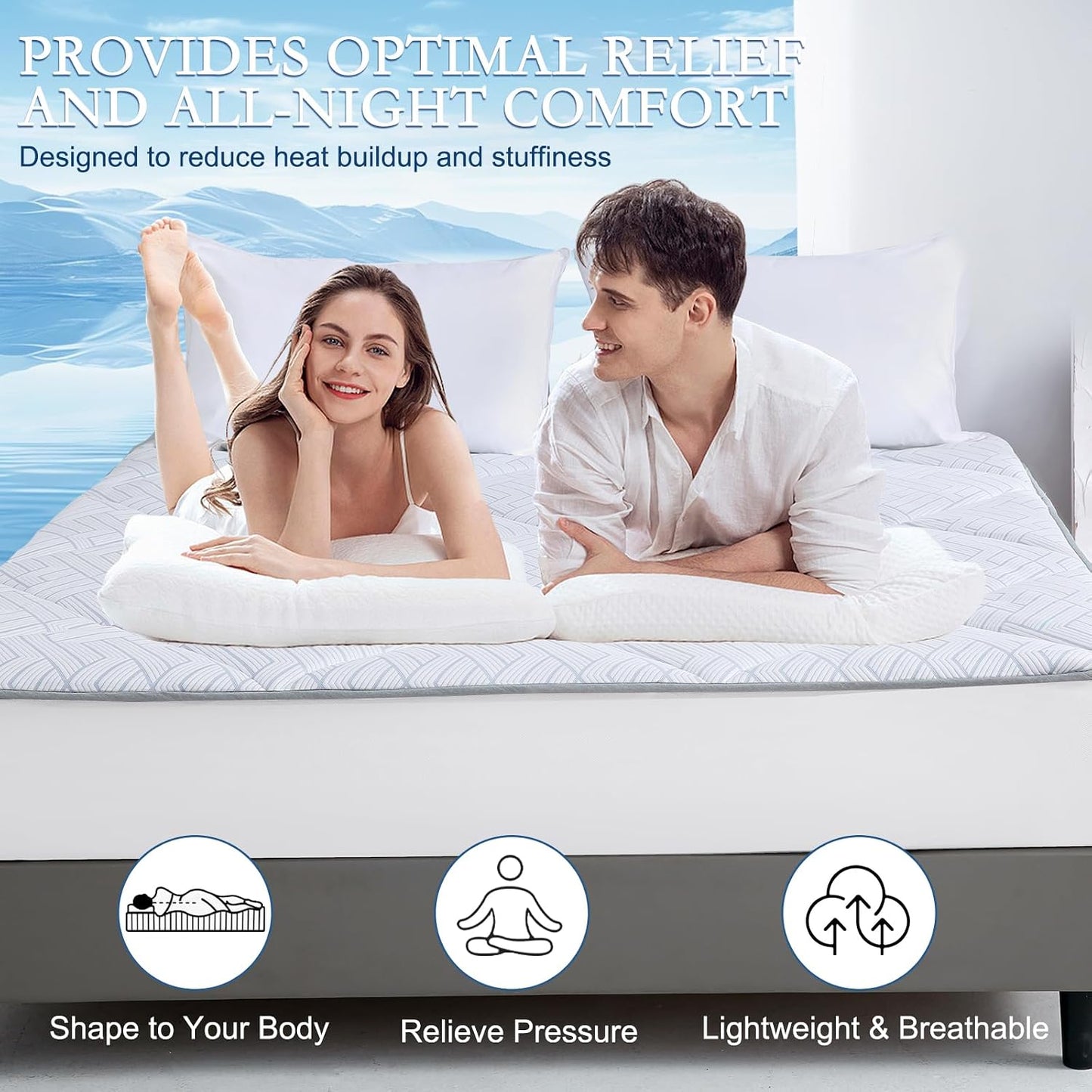 YOUR MOON Cooling Mattress Pad Queen Size for Hot Sleepers, Soft Breathable Noiseless Bed Pad Mattress Cover, Quilted Fitted Pillow Top Mattress Cover with 8"-16" Deep Pocket (Blue White, 60x80)