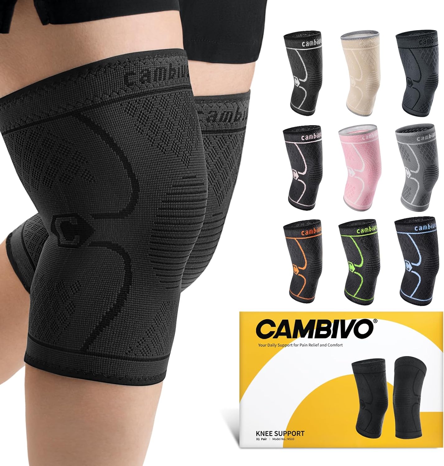 CAMBIVO 2 Pack Knee Braces for Women & Men, Knee Compression Sleeves for Knee Pain Relief, Knee Support with Non-Slip Silicone, Breathable, for Running, Workout, Weightlifting & Daily Use, Arthritis Support (Black, Medium)