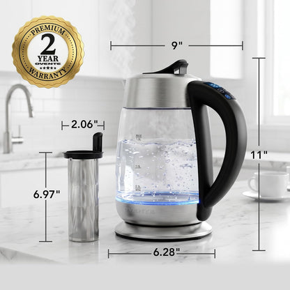 OVENTE 1.7L Glass Electric Kettle with Tea Infuser, Silver KGD913S