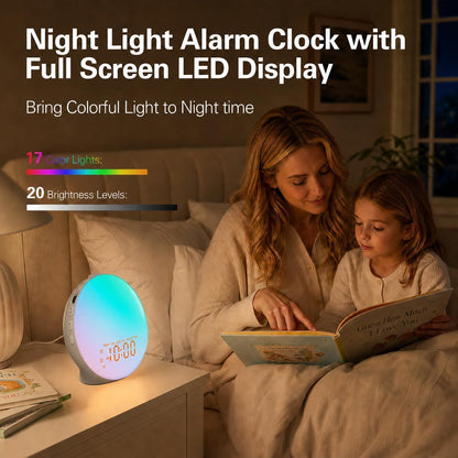 JALL Full Screen Dimmer Sunrise Alarm Clocks for Bedrooms, Wake Up Light with FM Radio, 25 White Noise Sleep Sounds, Bluetooth Speaker, Dual Alarms Bedside Clock for Heavy Sleepers