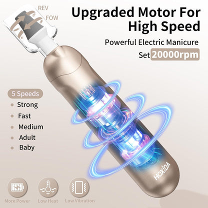 Hoxida Manicure Pedicure Kit, Professional Nail Grinder for Senior Thick Toenail, Cordless Electric Nail File, 5 Speeds Pedicure Tools for feet Callus Remover, Nail Drill for Women Hand Feet Care