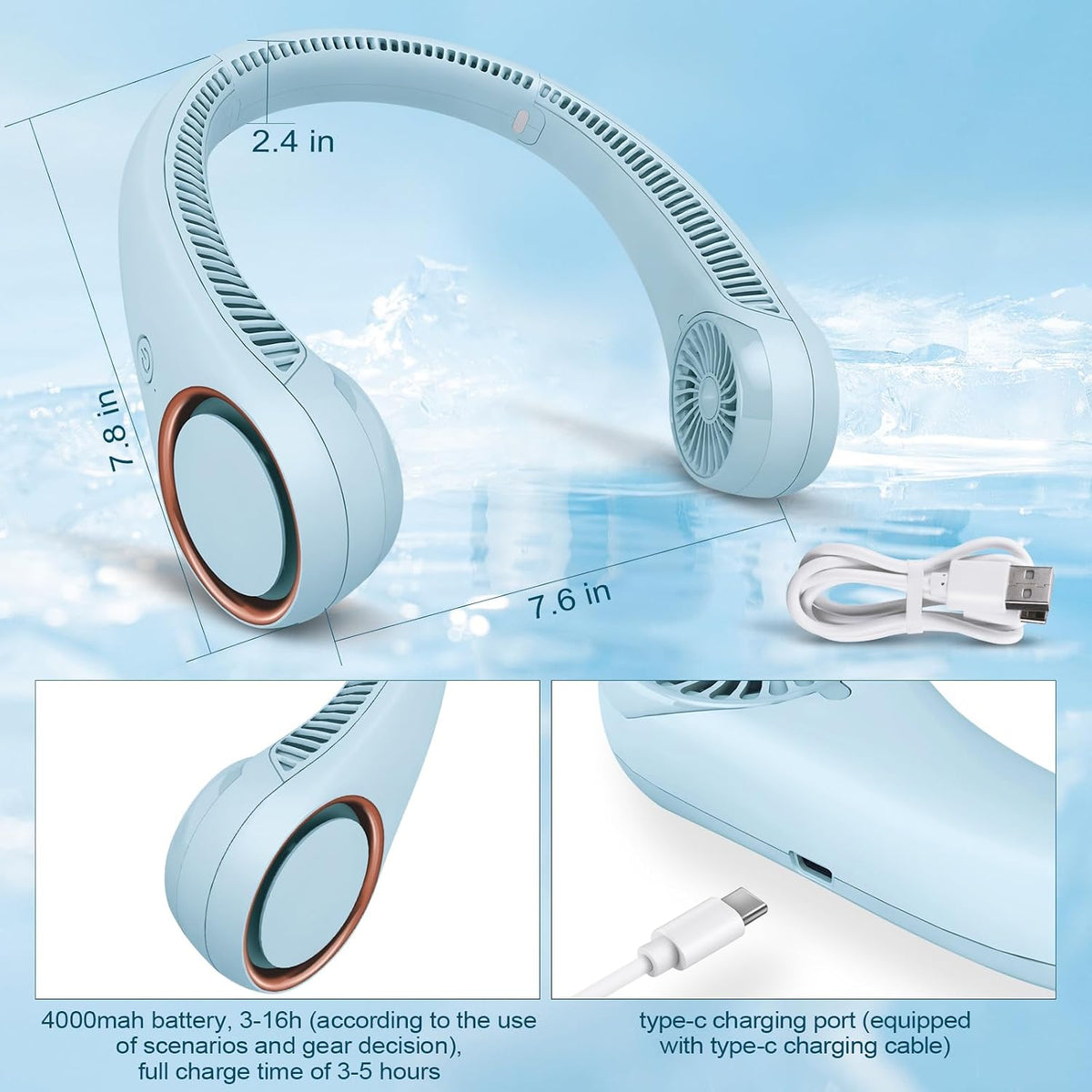CIVPOWER Neck Fan: Portable Personal Neck Cooling Rechargeable Bladeless Fan - Hands Free 3 Speed 4000 mAh Battery USB Operated Wearable Headphone Design - Gift for Men Women Outdoor (White)
