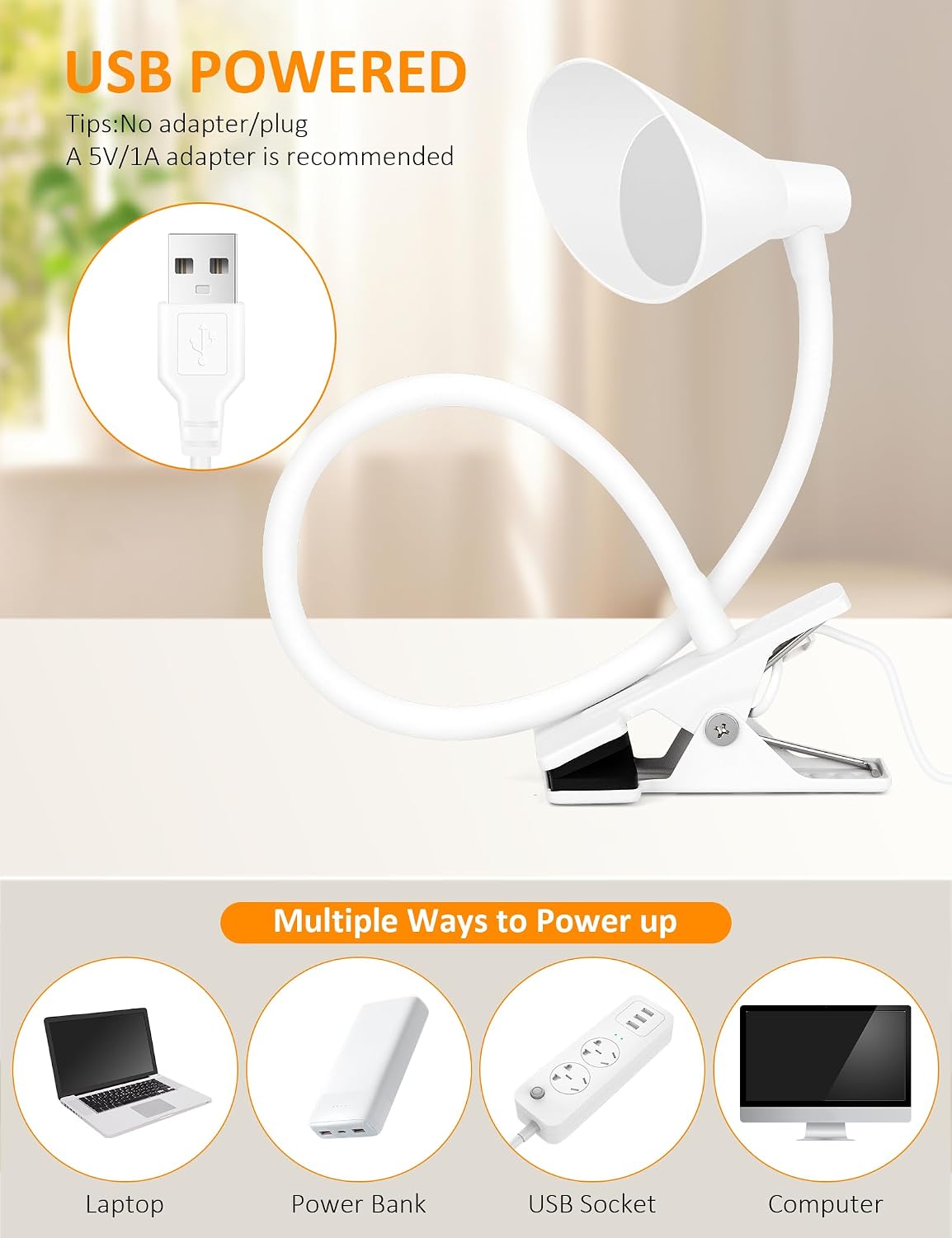 LiFMIRA Clip on Light USB Reading Light Desk Lamp 3 Color Modes Black