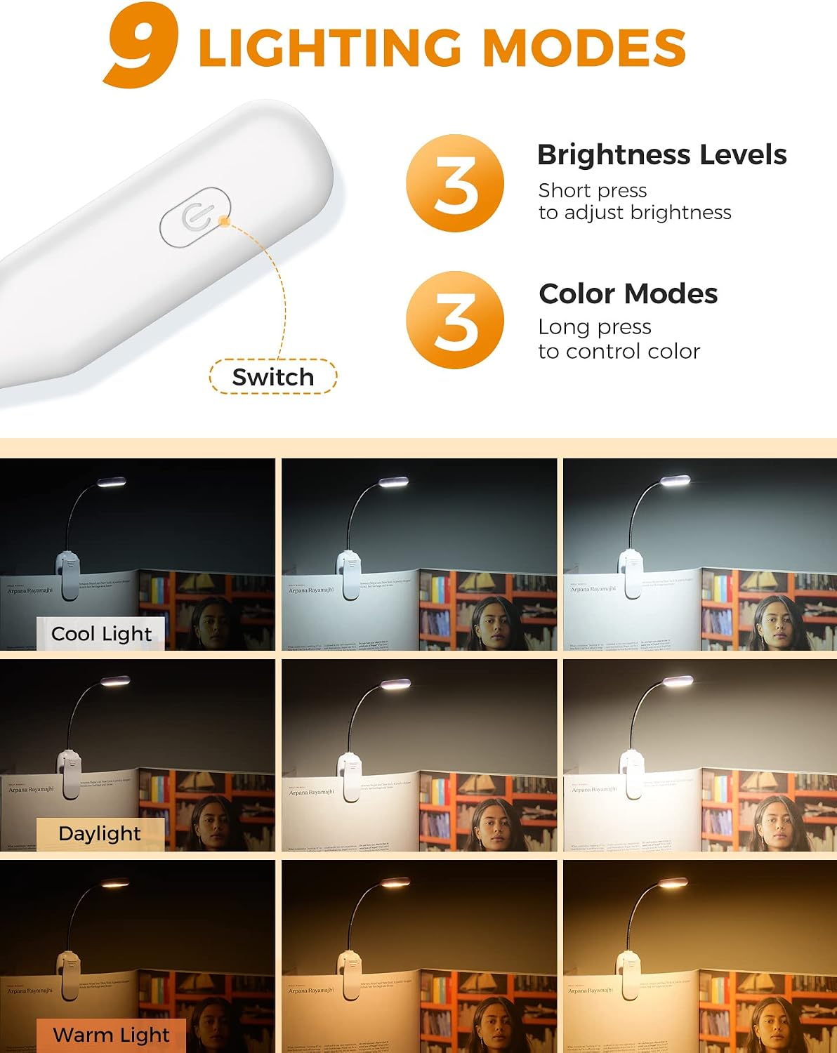 Monotremp Book Lights for Reading at Night in Bed, 80 Hours Runtime Rechargeable Reading Lights for Books in Bed, 3 Brightness Levels × 3 Color Temperatures, 1.3 oz Lightweight