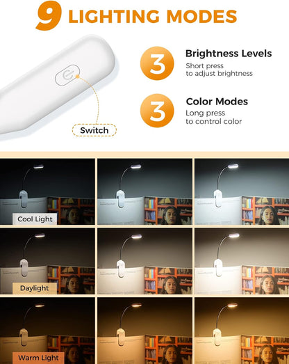 Monotremp Book Lights for Reading at Night in Bed, 80 Hours Runtime Rechargeable Reading Lights for Books in Bed, 3 Brightness Levels × 3 Color Temperatures, 1.3 oz Lightweight