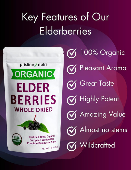 Organic Elderberries Dried Bulk | Whole European Elderberry Dried, Wildcrafted All Natural | Non-GMO, Non-irradiated | Immunity Booster Antioxidants and Vitamins | Make Syrup, Tea | 1 lb (16 oz)
