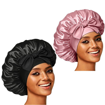 Silk Bonnet Satin Bonnet for Sleeping Large Bonnets with Tie Band Hair Wrap with Adjustable Straps Hair Cap for Women Curly Black