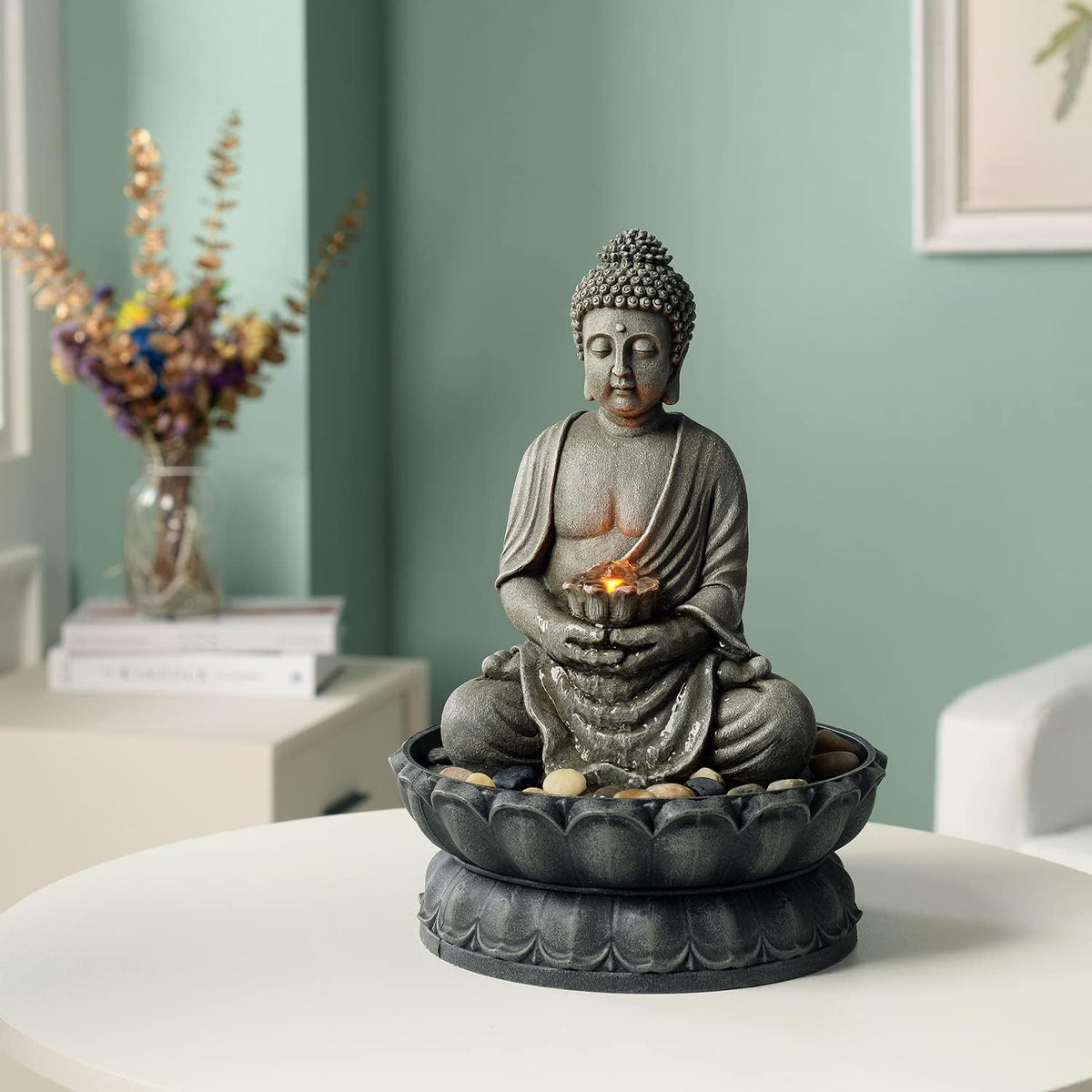 GOSSI Indoor Water Fountain Stump Rain Drop Meditation Desk Fountain Artistic Relaxation Waterfall for Home and Office Decor (22013)