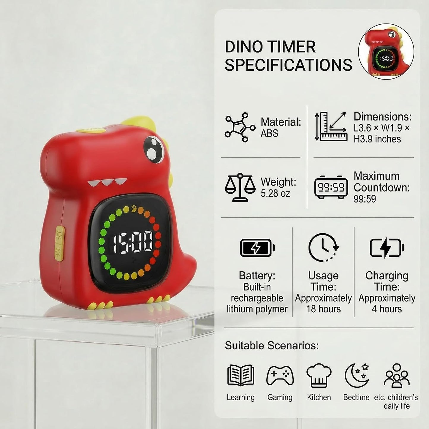 Visual Timer for Kids 99 Minute Digital Potty Training Timer for Homeschool | Dual sound; Dinosaur Look; Long Battery Life