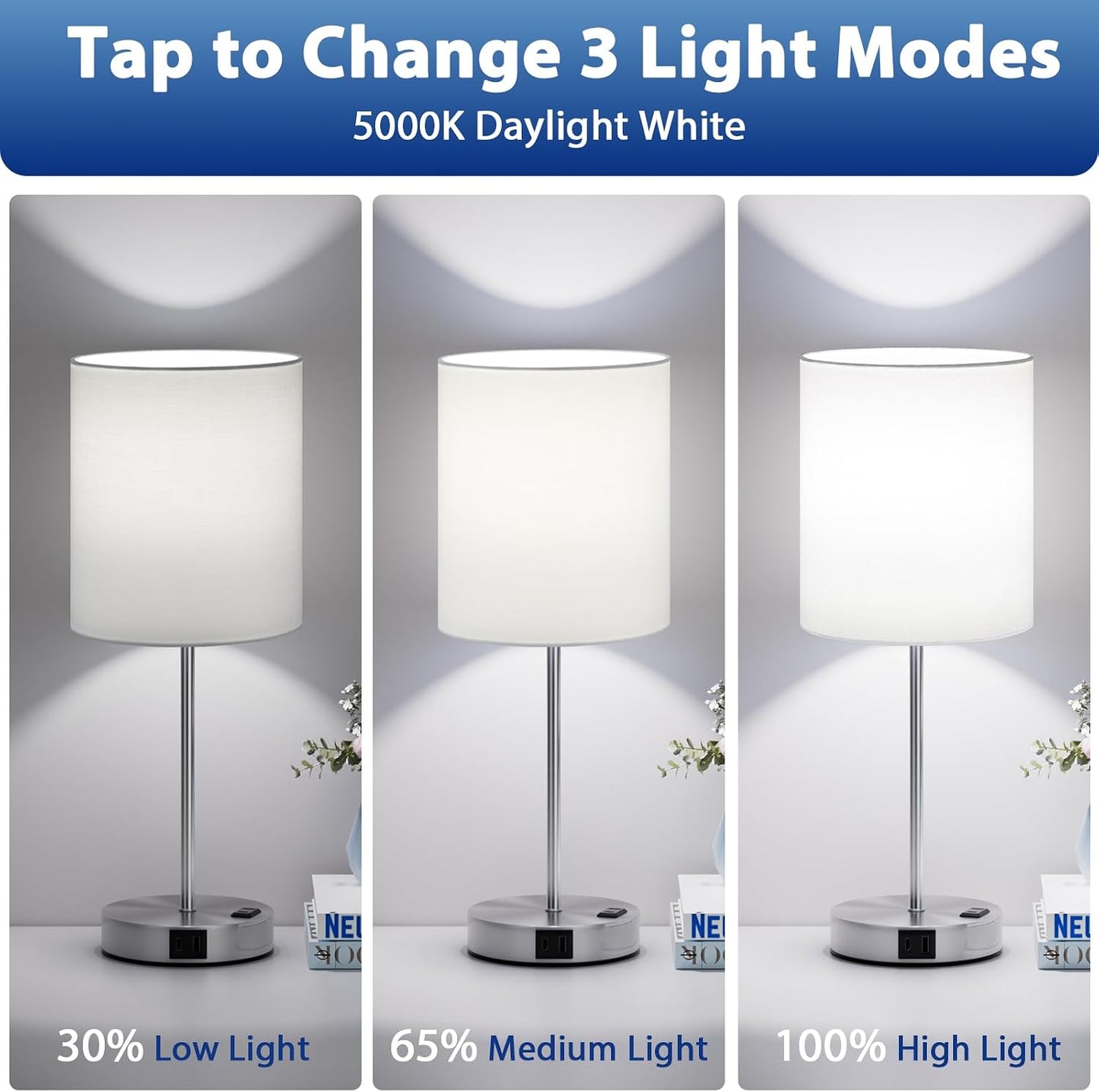 Blue Touch Lamps for Nightstand Set of 2 - Bedside Table Lamp for Bedroom with Dual USB Ports & AC Outlet, 3-Way Dimmable Lamps for Living Room Boys Room, Night Light with 5000K Daylight Bulbs