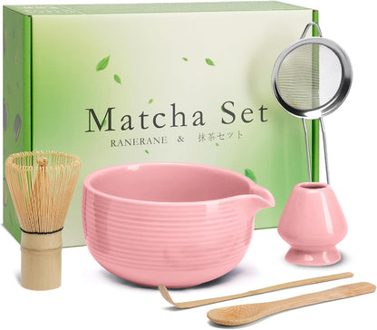 Matcha Whisk Set, Ceramic Matcha Set Includes Matcha Bowl, Matcha Whisk (Chasen) and Holder, Sifter, Bamboo Scoop & Spoon - 6 Pcs Matcha Kit for Matcha Lovers White