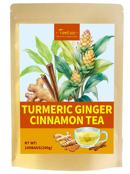 TeeLux Turmeric Ginger Cinnamon Tea Bags, Warm Spicy Herbal Tea, 100 Count