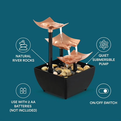 Homedics Tabletop Water Fountain, 3 Tier Indoor Waterfall Fountain with Natural River Rocks, Quiet Pump for Relaxation, Zen Home & Office Desk Décor, AA Battery Powered
