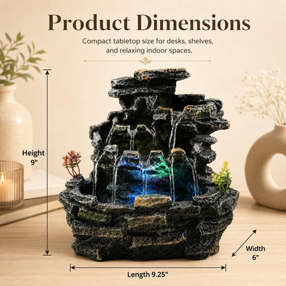Indoor Tabletop Water Fountain with LED Light, Resin Rock-Look Waterfall Decor, Feng Shui Inspired Zen Fountain for Desk, Office, Bedroom, Living Room & Meditation Space (9" Cascading Rock)