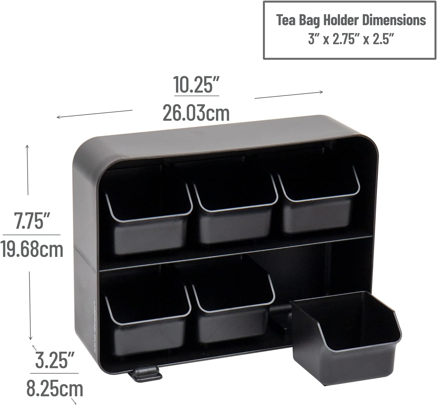 Mind Reader Tea Bag Organizer, Tea Station Organizer, Countertop Storage, Kitchen, Plastic, 10.25"L x 3.25"W x 7.75"H, Black
