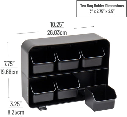 Mind Reader Tea Bag Organizer, Tea Station Organizer, Countertop Storage, Kitchen, Plastic, 10.25"L x 3.25"W x 7.75"H, Black