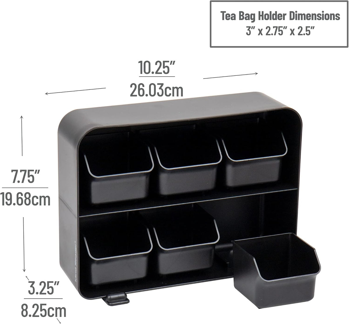 Mind Reader Tea Bag Organizer, Tea Station Organizer, Countertop Storage, Kitchen, Plastic, 10.25"L x 3.25"W x 7.75"H, Black