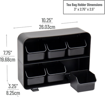 Mind Reader Tea Bag Organizer, Tea Station Organizer, Countertop Storage, Kitchen, Plastic, 10.25"L x 3.25"W x 7.75"H, Black