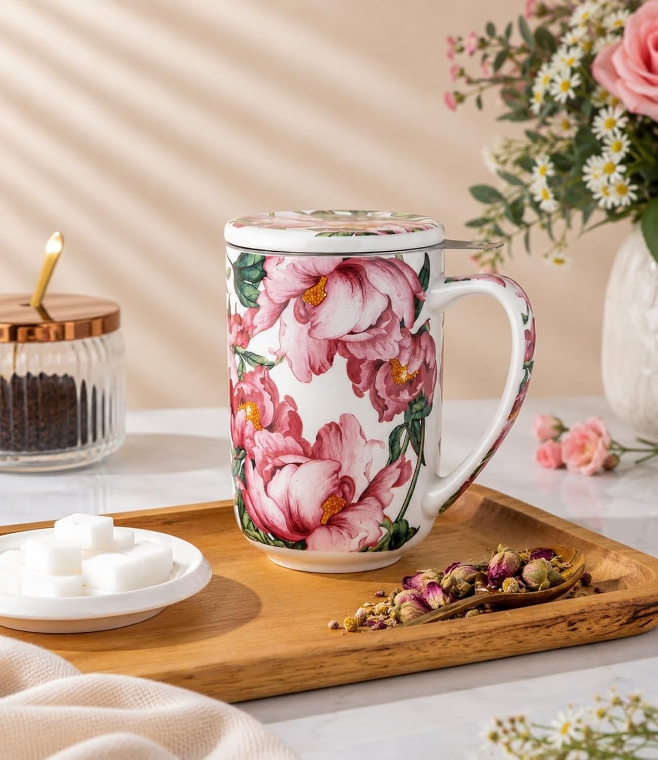 AmorArc Porcelain Tea Mug with Infuser and Lids, 18 Oz Large Cup Strainer with Bag Holder for Loose Leaf Tea, Steeping Coffee Mug for House-warming Wedding Birthday Gift