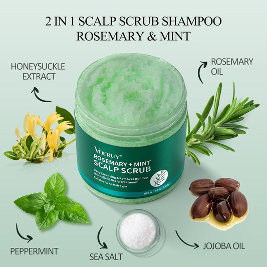 VOERUY Scalp Scrub, Rosemary Scalp Exfoliator Scrub Shampoo, 2-in-1 Scalp Treatment with Mint Oil, Hair Treatment to Clarify and Remove Build Up with Silicone Scalp Massager, 10.6oz/300g