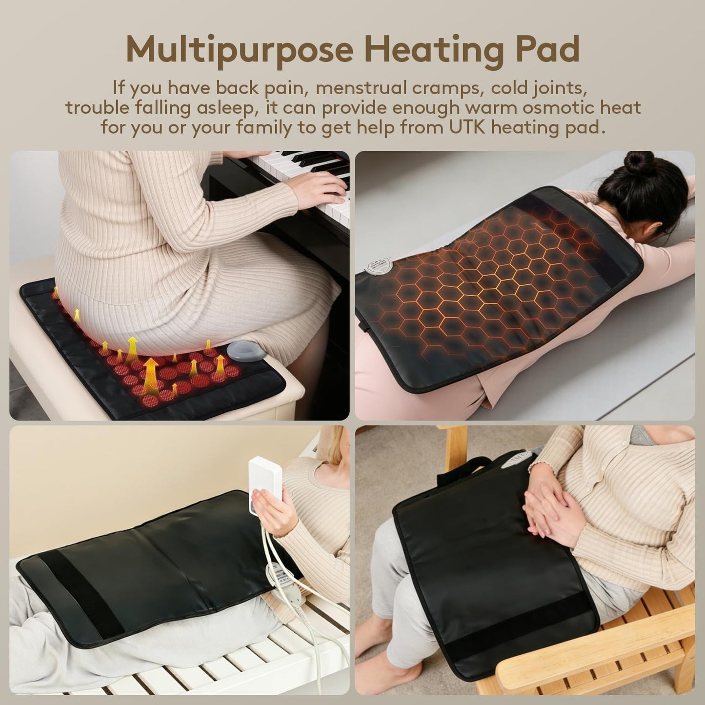 UTK Heating Pad for Back, 5X Deeper Back Pain Relief, Far Infrared Heating Pad with Natural Jade, FSA-HSA Eligible, Hotter to 149℉, 4H Auto Off, Travel Bag, Memory Function, 23.5"×16", Gifts for Women