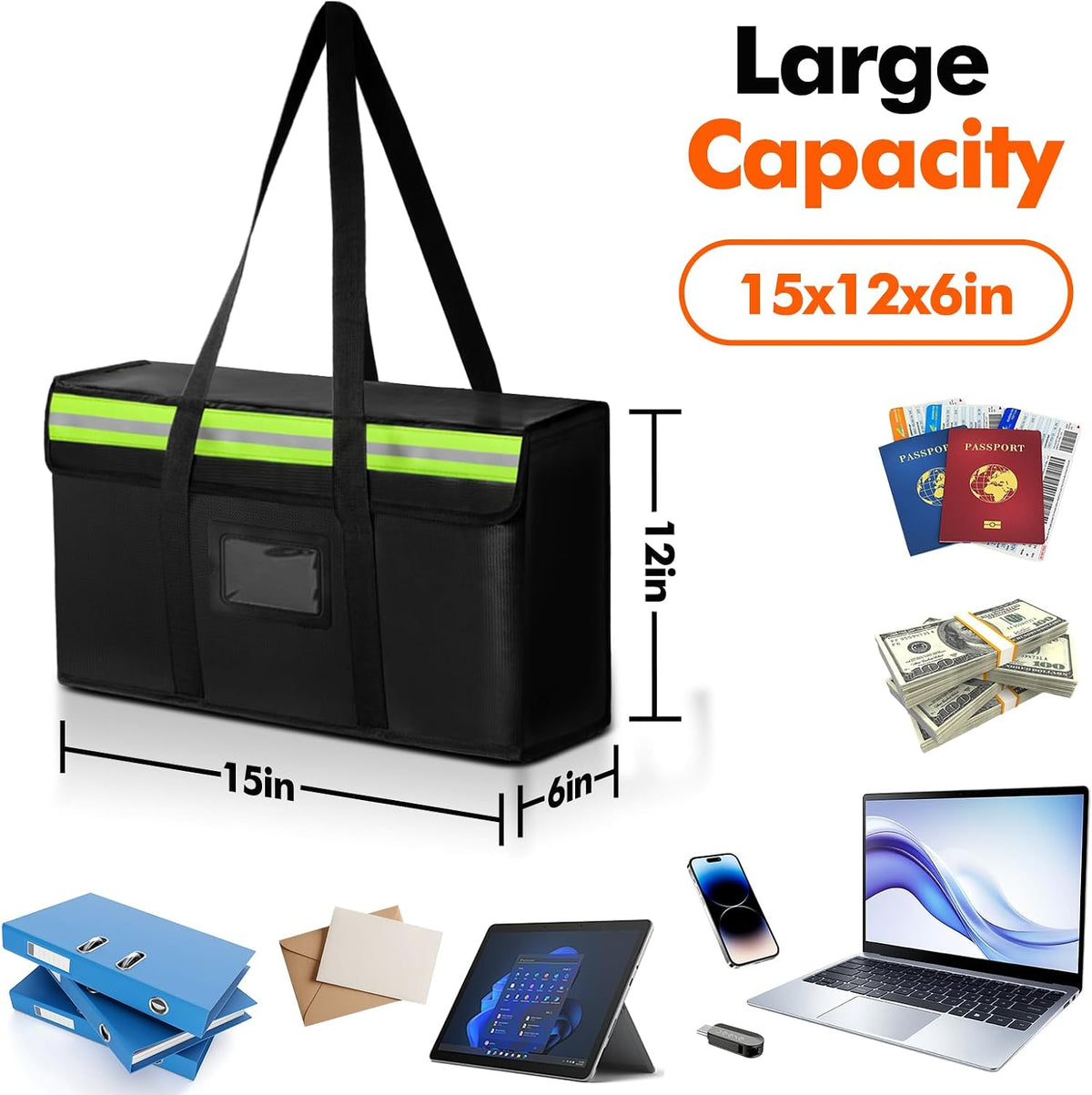 Large Fireproof Document Bag for Home Safe Storage, 15 x 12 x 6in, Black