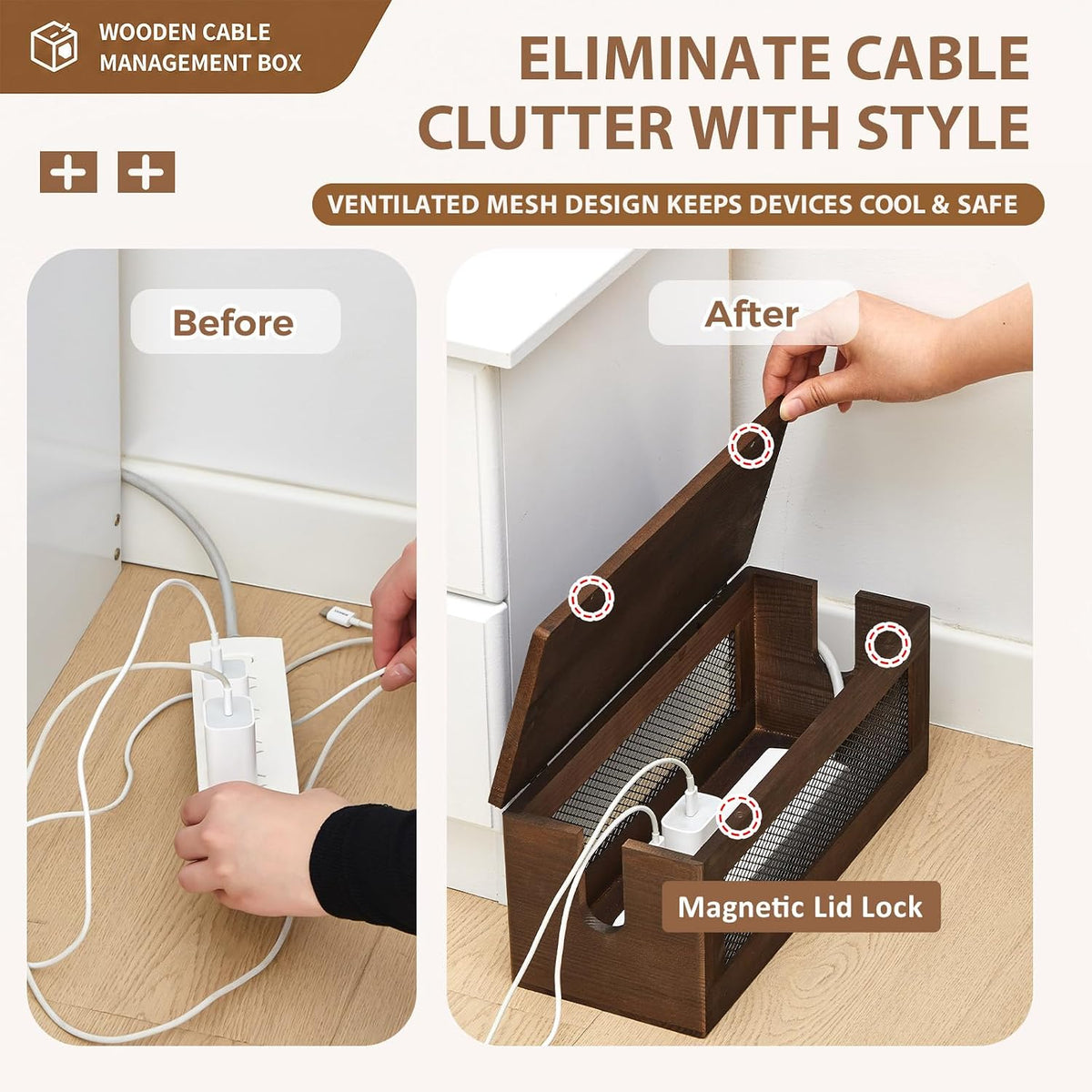 Chunful 13 Inch Cable Management Box, Wood Cord Hider Organizer with Magnetic Lid & Organizer for Power Strip, TV Wires & Desk Cable Storage, Ventilation Hide Floor Cables