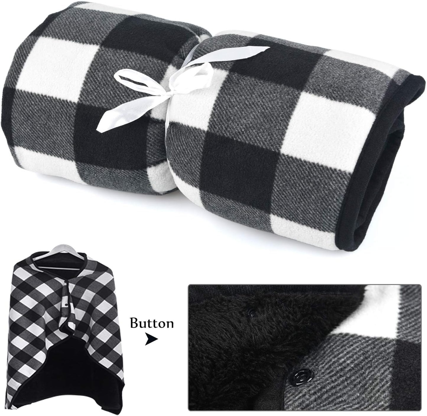 forestfish Fleece Wearable Blanket, Plaid Lap Blanket Comfy Poncho Throw with Buttons for Bed Sofa Office, Grey-White