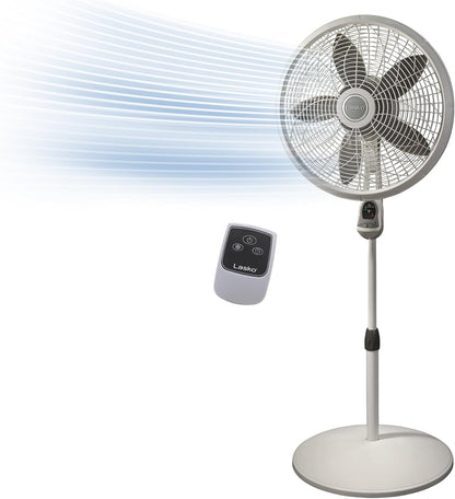 Lasko Oscillating Adjustable Pedestal Stand Fan with Timer and Remote for Indoor, Bedroom, Living Room, Home Office & College Dorm Use, 16 Inch, White, 1646