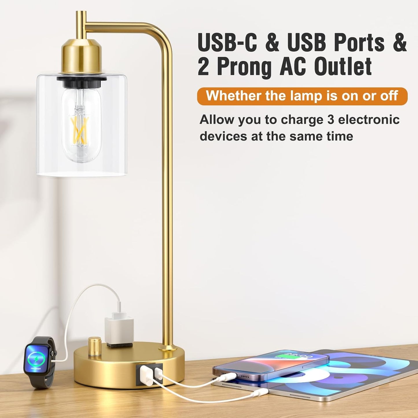 Industrial Table Lamps for Bedrooms Set of 2 - Fully Dimmable Bedside Lamps with USB A and C Ports and Outlet, Black Nightstand Lamps with Glass Shade for Living Room, Desk Lamps for Office Reading