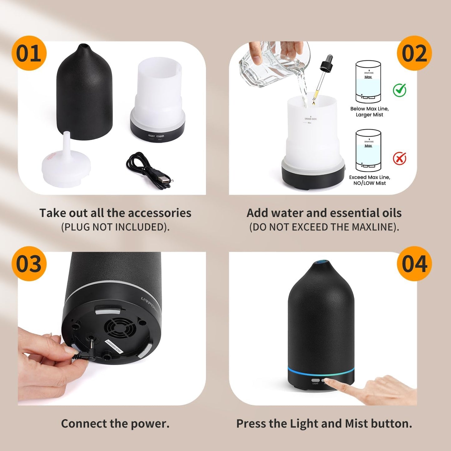 URPOWER 180ML Ceramic Essential Oil Diffuser, Ultrasonic Aromatherapy Diffuser with 7-Color Lights, Auto Shut-Off, Quiet Oil Diffuser for Bedroom, Home Office