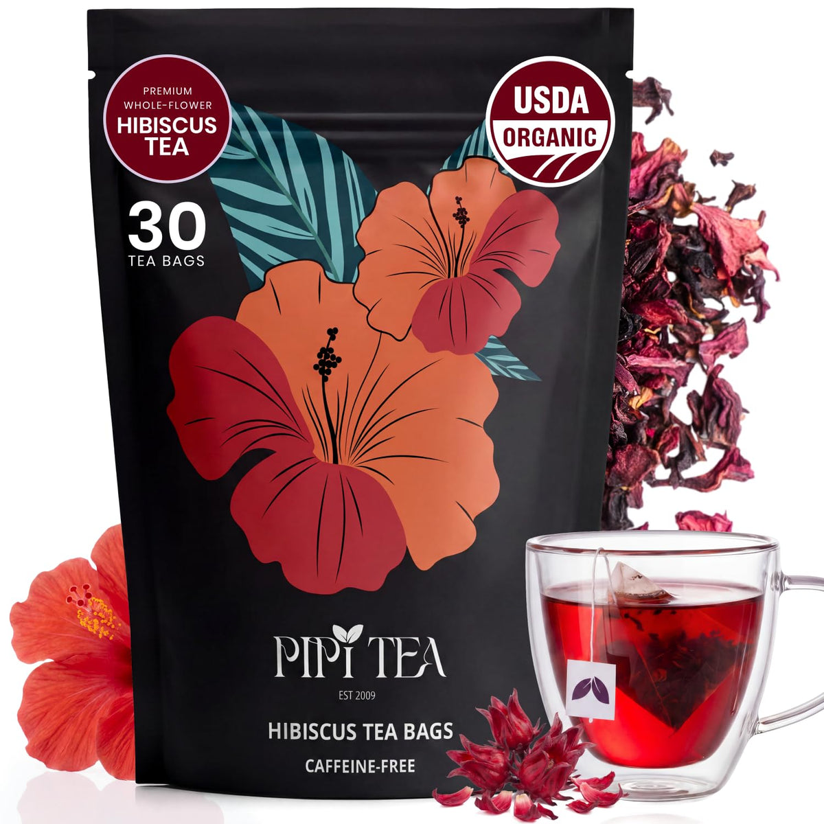 PiPi Tea Organic Hibiscus Tea Bags – Caffeine Free Herbal Tea Rich in Antioxidants, Non-GMO & Vegan, Sourced from Premium Hibiscus Flowers for Daily Wellness & Heart Health Support, 60g