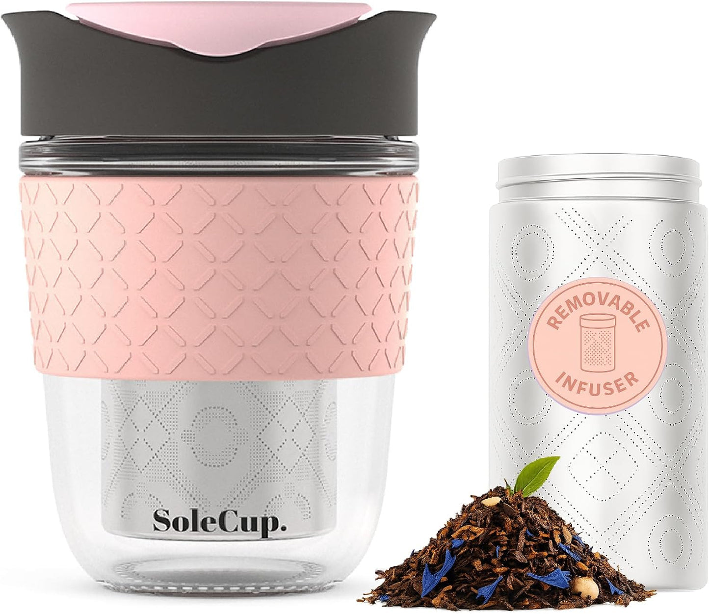 Large Travel Mug Loose Tea Infuser - Detachable Tea Strainer with Spill Proof Lid - 18oz/530ml BPA-Free Reusable Glass Travel Coffee Cup with Silicone Band (Ice Cream, 18oz)