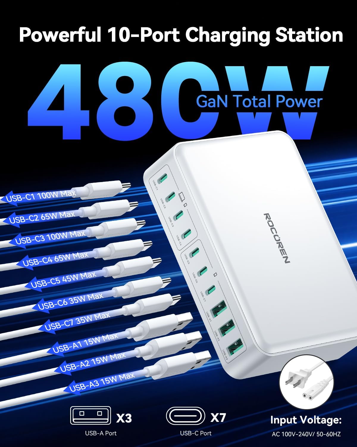 Rocoren 480W GaN 10‑Port Charging Station, PD 100W Fast USB‑C Charger Hub