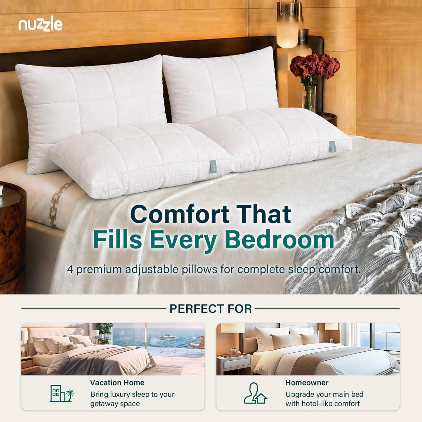 Nuzzle Cooling Adjustable Pillow for Side Sleepers,Queen Size Bed Pillow 4 Pack – Hotel Luxury Neck Support, Height Adjust Soft Sleeping Pillow for Back, Stomach or Side Sleepers-Home Gift