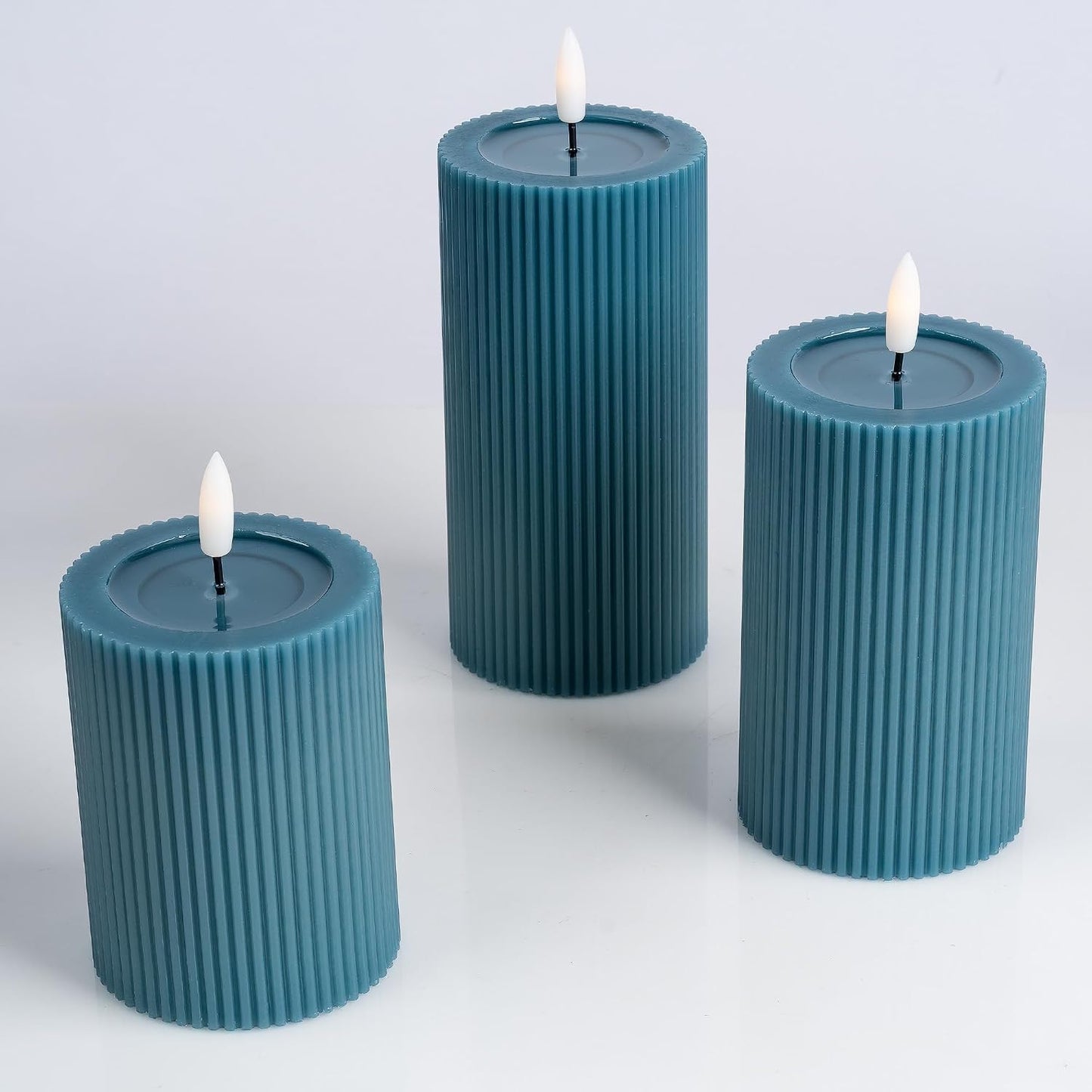 Ribbed Fluted Real Wax Flameless LED Pillar Candles, Loden Sage Olive Green, Melted-Wax Top Look, Flickering Flame, Battery Operated, Remote & Timer, Shelf & Wedding Decor (Set of 3)