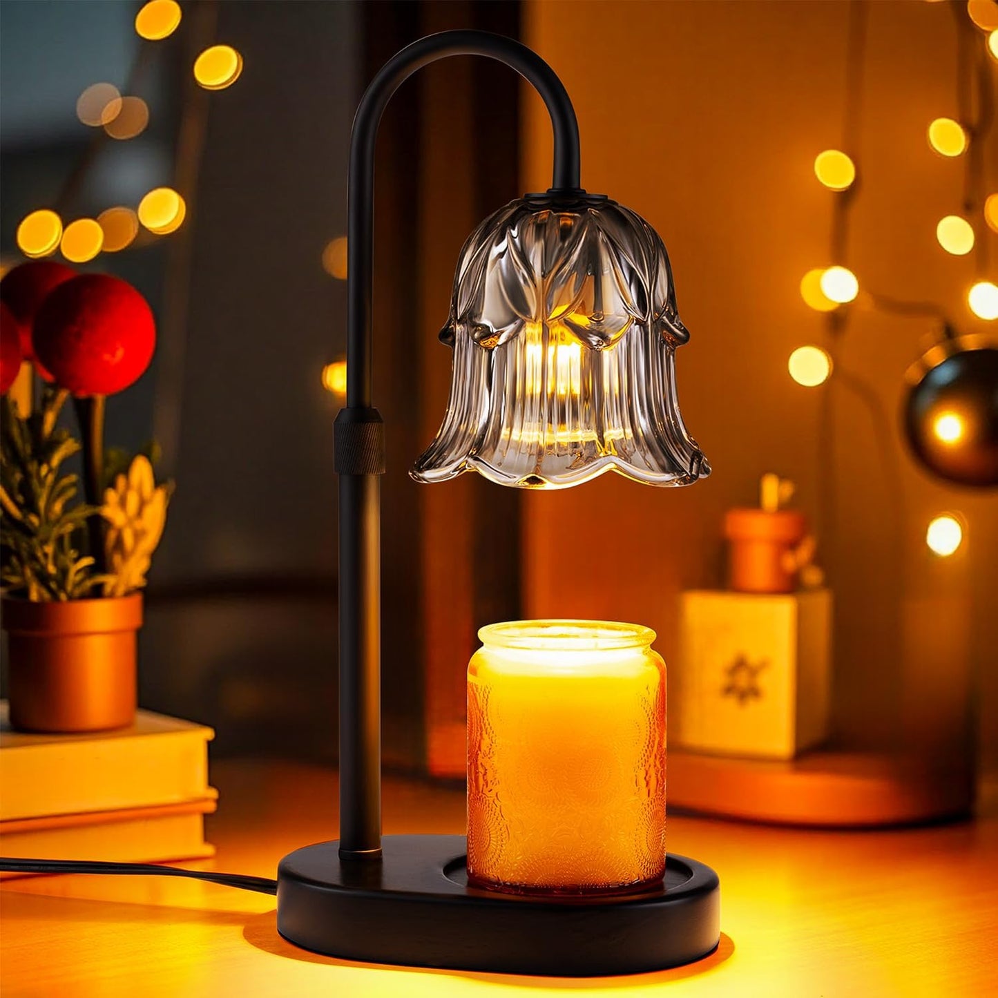 Candle Warmer Lamp Adjustable Timer - Electric Flower Glass Candles Warmers Adjustable Height Dimmable Vintage Base Modern Wax Candles Top Warmers for Small Jar Scented Wax Melts