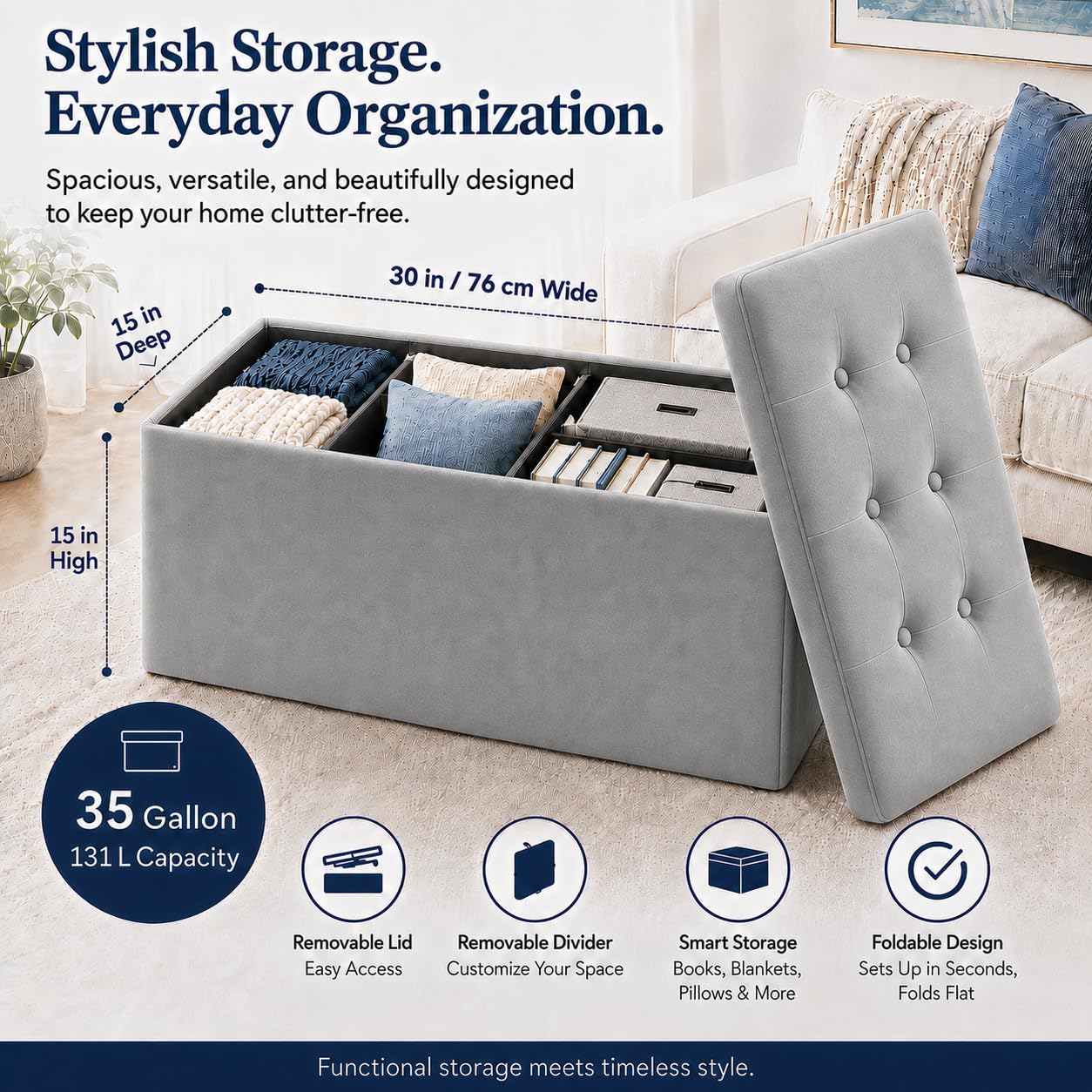 ALASDO Storage Ottoman Footrest Stool Small Ottoman with Storage Foldable Ottomans Foot Rest Footstool Bench for Living Room 17x13x13inches Grey