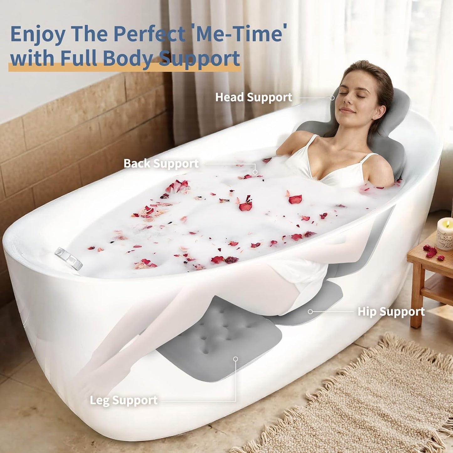 Luxury Bath Cushion, Full Body Bathtub Pillow with 160 Suction Cups, Bath Mat for Head and Neck Support, with Laundry Bag (Blue, 51" x 16")