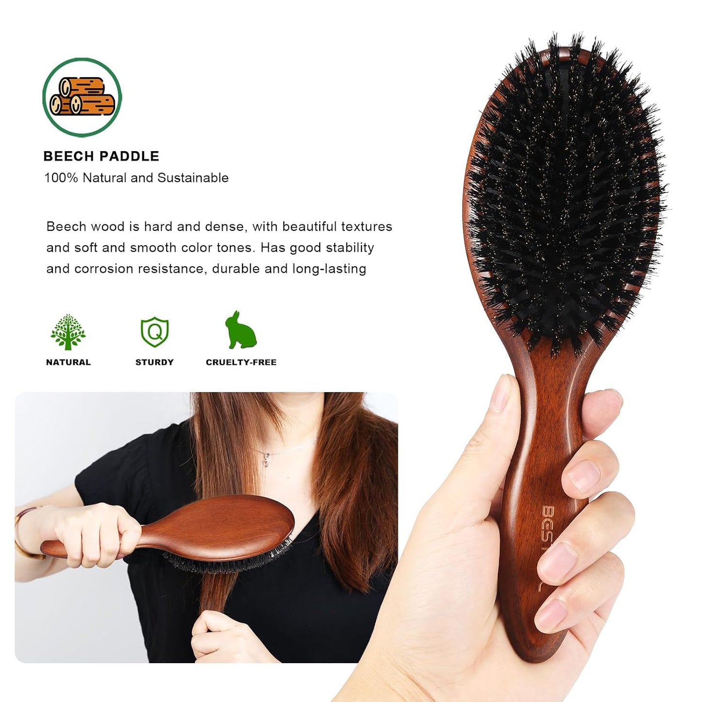 BESTOOL Hair Brush-Boar Bristle Hair Brushes Natural Bamboo Wooden Cushion Massage Anti Static Large Paddle Hairbrush for Women Men and Kid (Round)